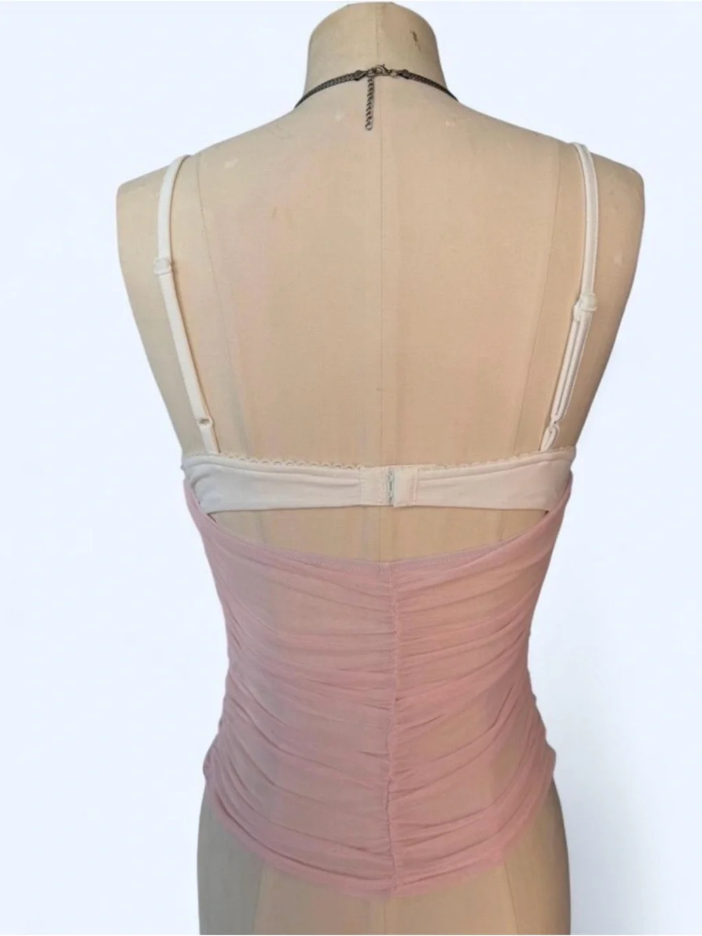 Sheer Ruched Pink Mesh Cami Tank with Tie - Picture 3 of 3